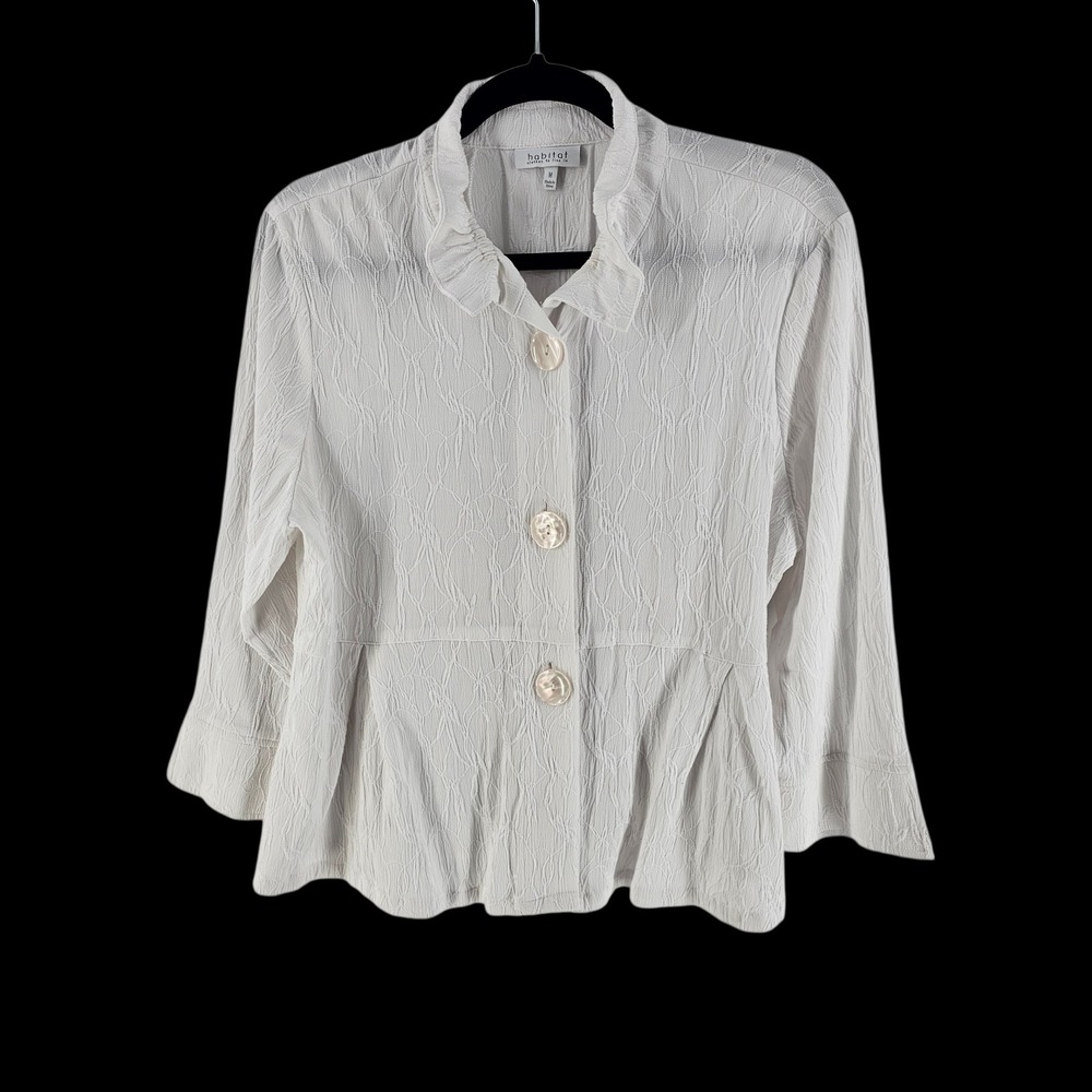 Habitat M White Crinkle Top Jacket Texture Ruffle Button Lagenlook Coastal Boho